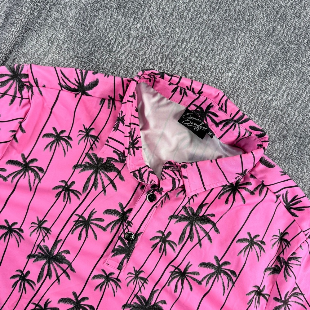 Sunday Swagger Mens Pink Palm Tree Golf Polo Shirt Short Sleeve Tropical Size M